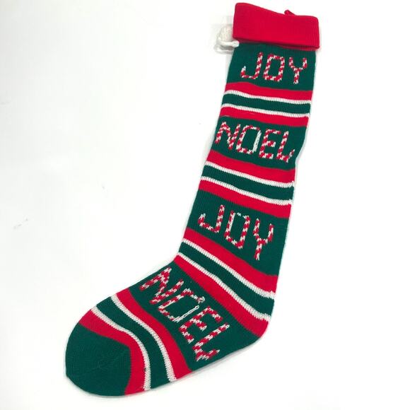 Vtg 80s 90s Acrylic Knit Christmas Stocking Joy Noel Words 24" red green FLAW - Picture 1 of 5